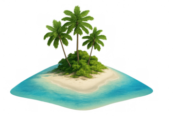 Tropical island with palm trees rising from a transparent turquoise sea, ideal for travel and leisure projects