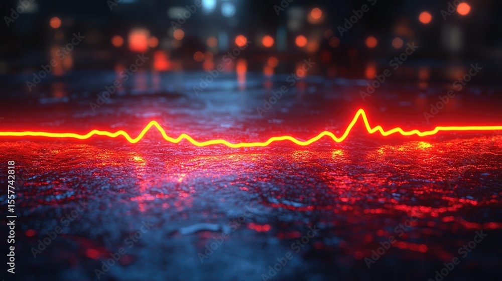 Poster neon red line graph on a dark textured surface.