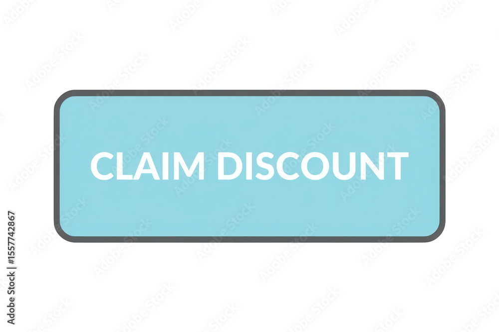 Poster light blue rectangular button with white text claim discount isolated on white background transparen