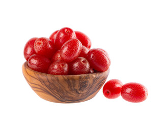 Elaeagnus multiflora isolated on white background. Cherry elaeagnus or cherry silverberry in wooden bowl. Goumi or gumi berry.