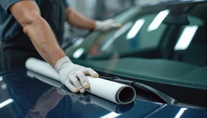 Obraz na płótnie Canvas Car specialist applies tint film to auto window glass. Man installs protective vinyl foil on windshield. Car detailing service, automotive repair, new technology. Car care tech, auto industry job.