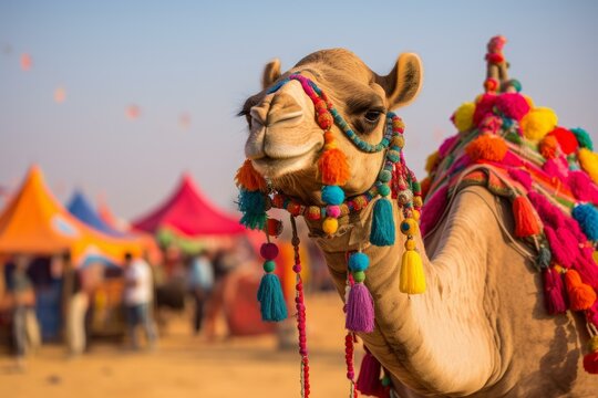 Decorated camel posing at the annual pushkar camel fair in rajasthan, india