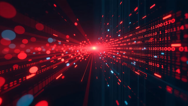 bright red matrix pulsing codes sweeps horizontally across dark digital background animated flux lines intersecting receding