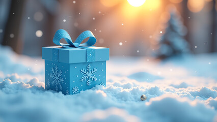 delicate blue paper cutout festive gift box sits atop snowy winter landscape adorned intricate cuts subtle snowflake patterns
