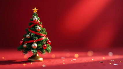 diminutive red ribbon christmas tree stands atop crimson velvet background adorned intricately detailed floral ornaments