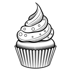 A detailed black-and-white illustration of a delectable cupcake topped with swirls of frosting and decorative dots. This charming design captures the essence of sweetness and is perfect for baking.