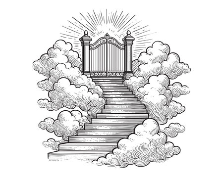 Vector Vintage Heaven Gate and Stairs with Clouds Illustration