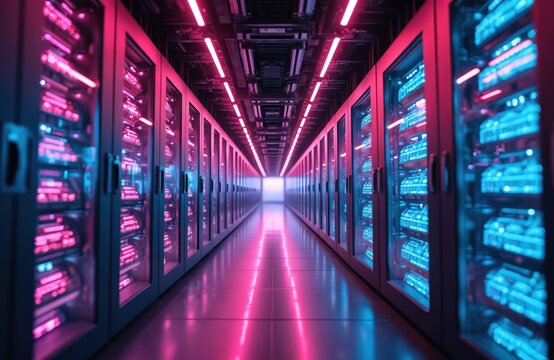 Data center server racks illuminated blue, pink neon lights. Futuristic interior tech storage, cloud computing concept, internet. Data servers, mainframe, database, cyber security.