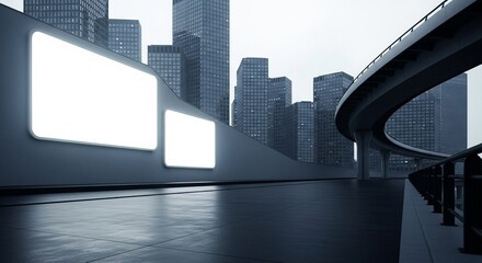 Modern city scene featuring buildings, elevated highway and two illuminated advertising billboards.