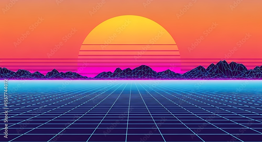 Poster retro landscape with grid and sunset synthwave style
