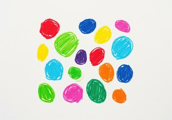 Bright Colorful Crayon Circles. A vibrant pattern of hand drawn multicolored wax pastel shapes on a white surface, symbolizing creativity, diversity, and childhood play.
