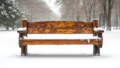 Wooden park bench covered in snow
