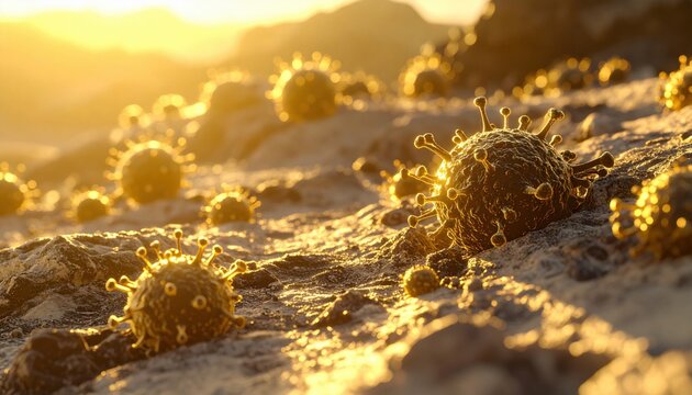 Microscopic virus cells glowing in golden sunset light metaphorically representing pandemic aftermath, virus evolution or environmental hazards