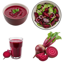 Set of beetroot soup, roasted beetroot salad, beetroot juice glass, and beetroot with leaves in professional product style on a transparent background 