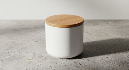 White Ceramic Jar with Wooden Lid on Concrete Surface