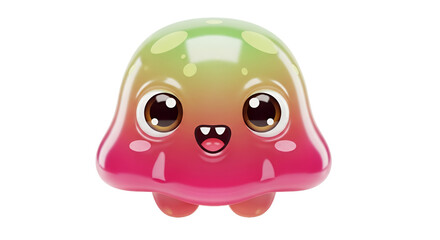 Joyful jelly-like character with big eyes and a happy smile, featuring a gradient pink and yellow color
