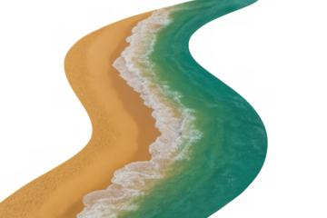 Sinuous sandy beach meeting turquoise ocean waves from aerial perspective, transparent background, perfect for travel imagery