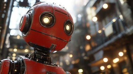 Retro red robot waving hello – transparent background

