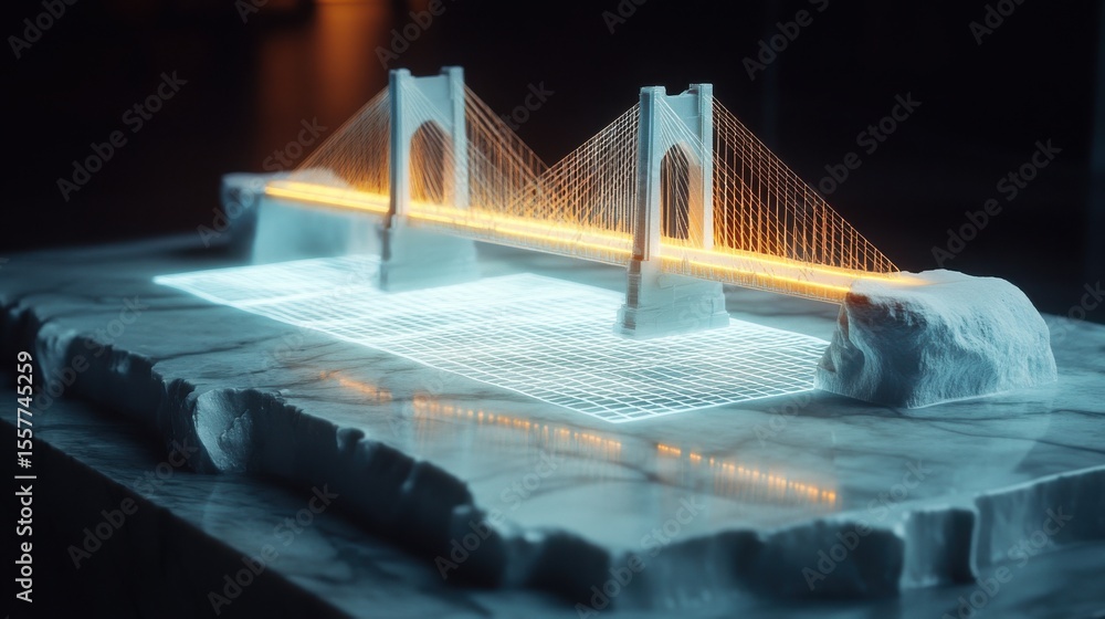 Fototapete a stylized rendering of a bridge model with glowing lights on a marble like surface in a dark settin