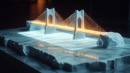 A stylized rendering of a bridge model with glowing lights on a marble like surface in a dark setting