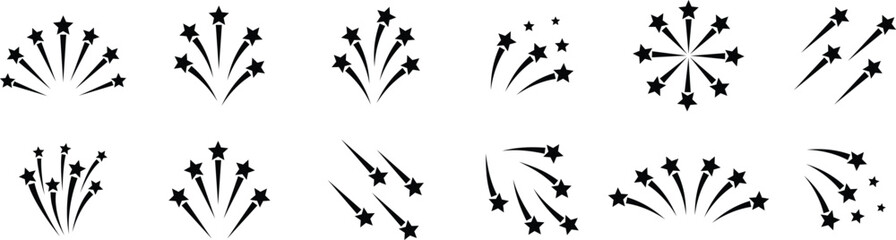 Fireworks stars icon set. Shooting star or rising star icon signs isolated on transparent background. Flying star and comet with tail icon, abstract fantasy galaxy element. Vector illustration.