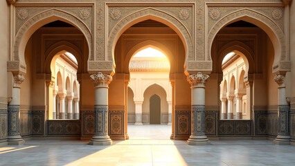 Obraz premium warm golden light casts intricately arched mudéjar windows historic royal alcazars facade seville spain ornate