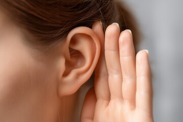 Woman hand cupping ear, listening closely