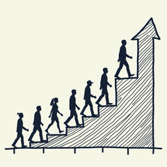 People walking up stairs in ascending order towards graph arrow  