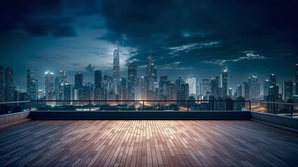 Panoramic view of city skyline at night from rooftop  - Powered by Adobe