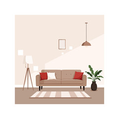 Modern living room interior design with beige sofa red pillows floor lamp and hanging pendant light