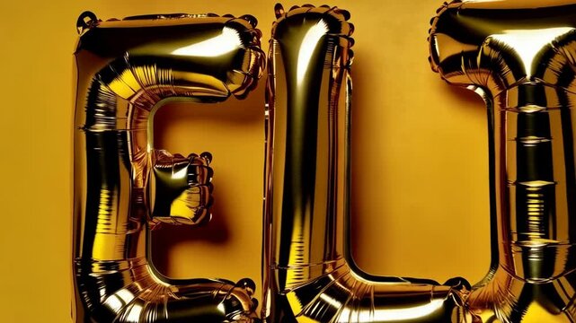 Festive gold foil balloon letters spelling 'ELI' against yellow background for celebratory event decoration concept.