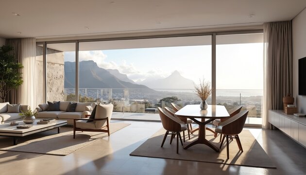 Luxury open-plan apartment dining room with large windows. Grey, white modern interior design, mid-century chairs, wall-mounted TV, modern furniture. Panoramic view of Cape Town with mountains, sea,