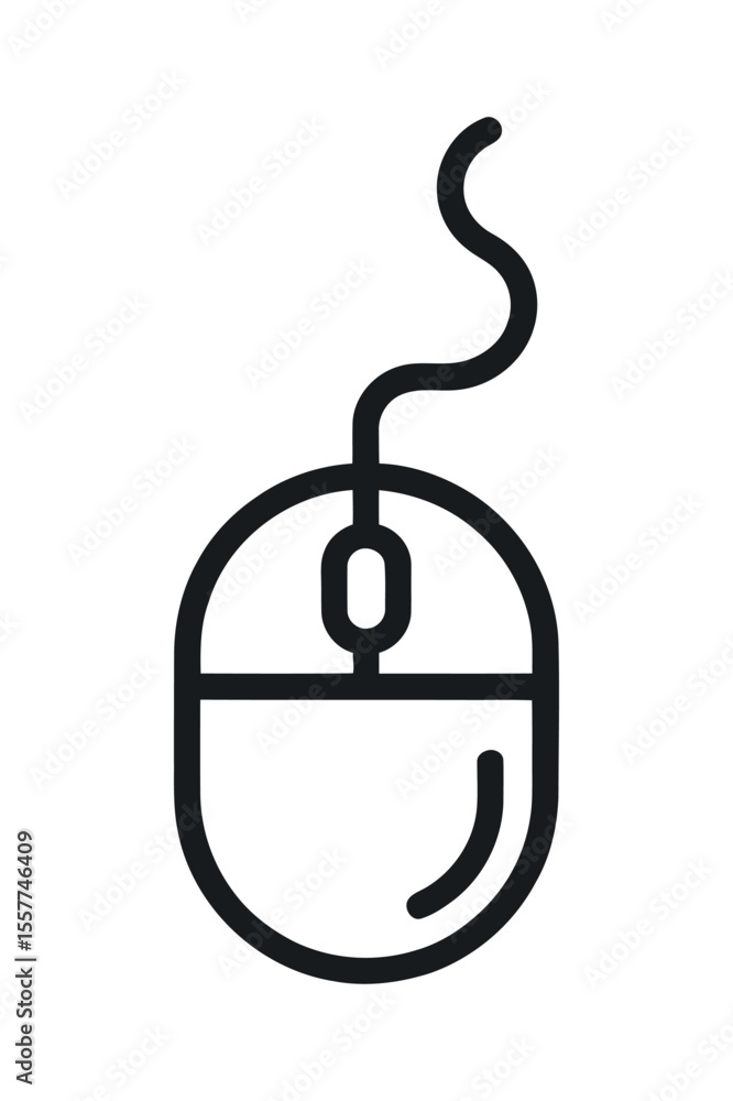 Poster simple line drawing of a computer mouse with a wired connection black outline computer mouse curved 