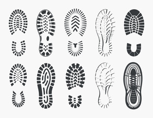 Collection of Various Shoe Sole Prints in Monochrome Style Set different shoe sole prints simple graphic style shoe prints footprints sole prints shoe