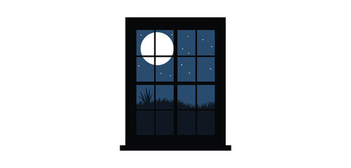 View of a full moon and starry night sky through a window