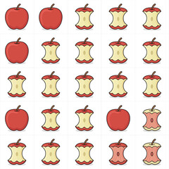 Seamless pattern of whole red apples and apple cores on a white background