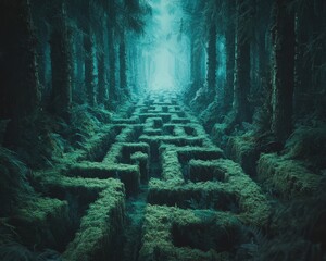 Labyrinth of immersion in a dense green forest. A concept for getting lost in nature, exploration, or deep thought.
