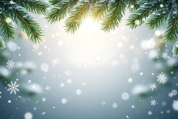 Sunlit snowy pine branches create a festive winter background
