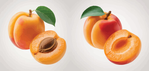 Two whole ripe apricots and one halved apricot with stone and leaf