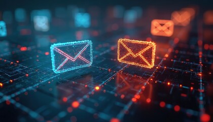 Digital illustration of secure messages exchange over blockchain network. Encrypted email symbols glow, reflecting data protection, cyber security, secure communication tech concept.