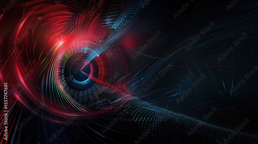 Poster swirling picture of red ray and blue light sparkling particles scattered across a space background, 