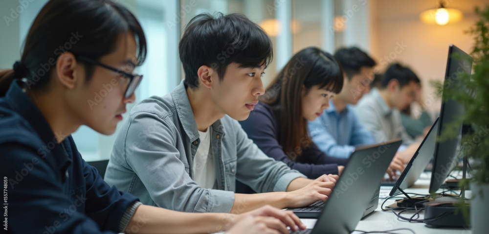 Poster japanese programmers team working in modern office. young asian software engineers collaborate on ne