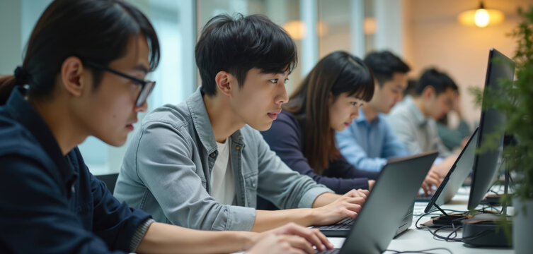 Japanese programmers team working in modern office. Young asian software engineers collaborate on new application. Teamwork, coding, startup environment, technology professional.