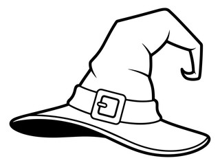 Cartoon of a witch hat with a buckle, outlined in black