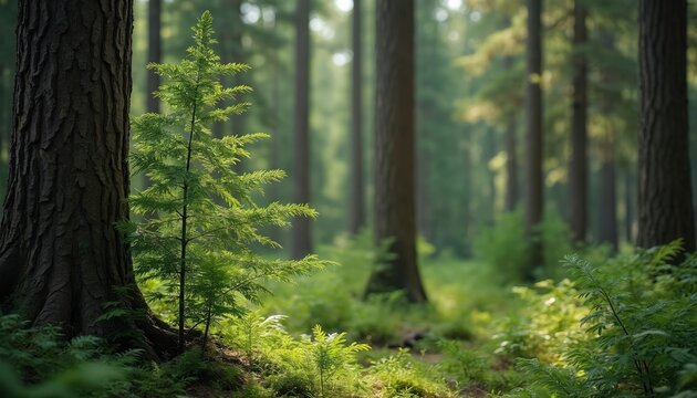 Forest trees close up. Green cedar trees with sunlight, fresh growth. Lush nature landscape. Idaho forest, outdoor scene. Beauty of nature, eco tourism.