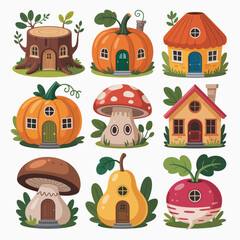 Whimsical collection of cute fantasy homes made from natural elements