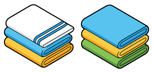 Two stacks of neatly folded colorful towels or fabrics in isometric view