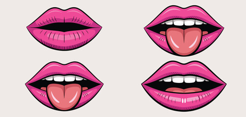 Obraz premium Four stylized pink lips with different expressions and tongue movements