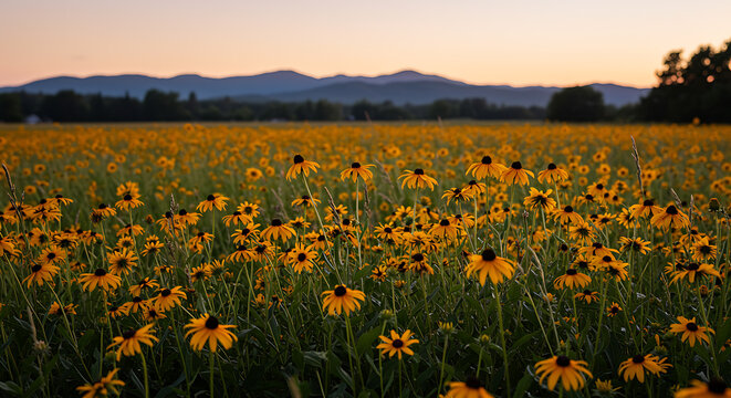 Golden black eyed susan flowers field under sunset sky and blue mountains landscape nature scenery
