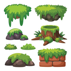 Cartoon nature elements including mossy rocks tree stump and brick wall
